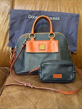 Dooney & Bourke Navy Blue Pebbled Leather Satchel with Brown Trim and Pouch